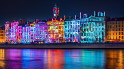 Fototapeta premium Light festival in Lyon, showcasing creative and artistic light displays that transform the city into a glowing masterpiece during the winter season.