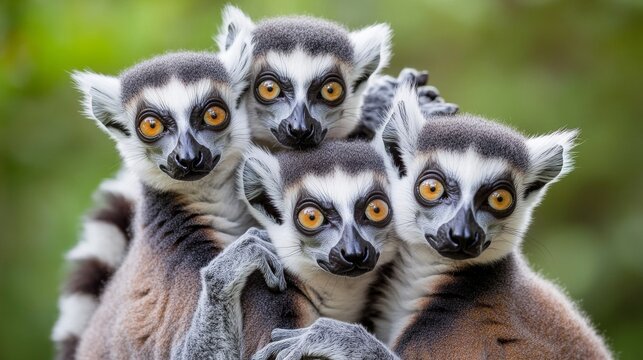 Four ring-tailed lemurs huddle together, looking directly at the camera with curious expressions. - Powered by Adobe