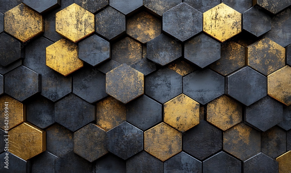 Poster A textured pattern of hexagonal tiles in black and gold, creating a modern and stylish aesthetic, ideal for backgrounds or design projects.