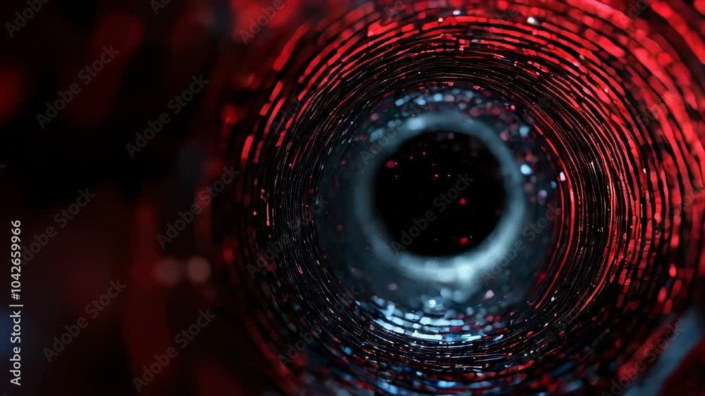 Poster a mesmerizing abstract vortex with dark swirling lines and glowing red particles, creating a mysteri