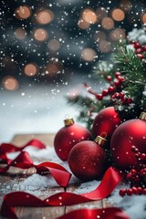 Christmas background with red ribbons and snow on blurred background