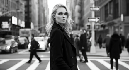 Woman looking back to camera while walking through busy city street. black and white street photography.