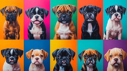 A colorful grid featuring adorable dogs of various breeds, showcasing their unique expressions and charming personalities.