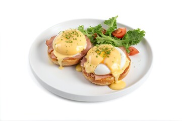 Delicious eggs Benedict with ham on English muffins served with fresh salad