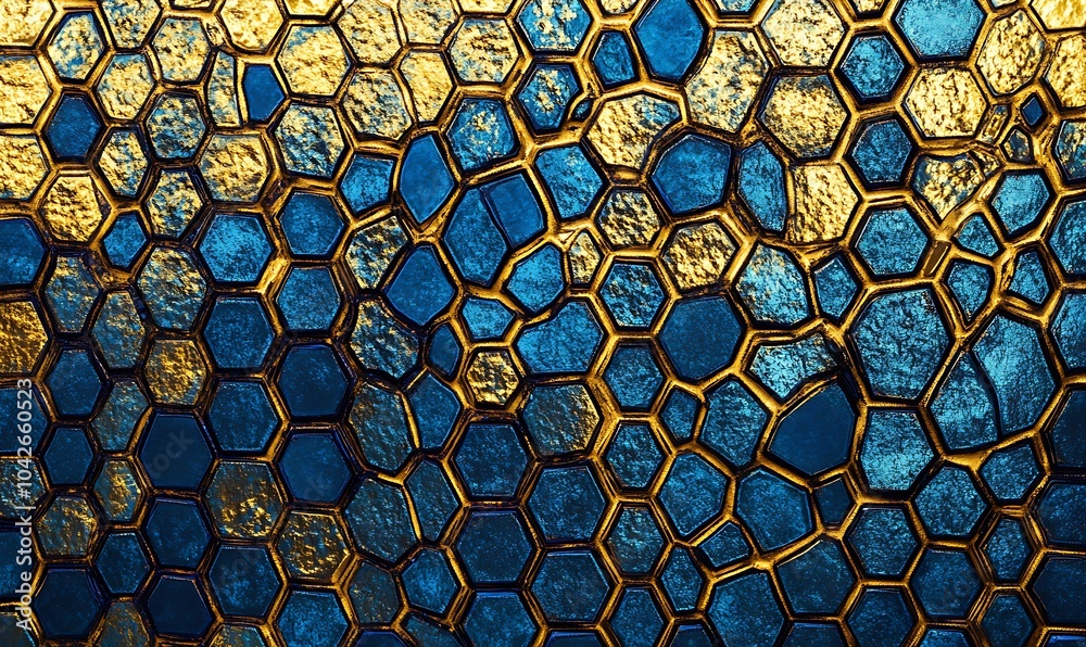 Leinwandbilder A vibrant pattern of hexagonal shapes in blue and gold, reminiscent of honeycomb, creates a striking visual texture.
