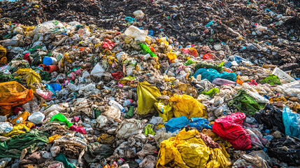 A detailed view of a garbage dump with layers of trash, emphasizing the colors and textures of waste, highlighting the need for better waste management.