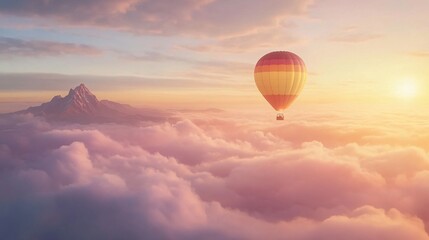 Fototapeta premium A colorful hot air balloon floating above a sea of clouds during a breathtaking sunrise, creating a serene and awe-inspiring landscape.