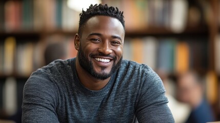 Fototapeta premium A Joyful Smile Celebrating Confidence and Happiness in a Relaxed Library Setting