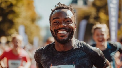 Joyful Runner Crossing the Finish Line Celebrating the Spirit of Sportsmanship and Community in a Vibrant Race Event