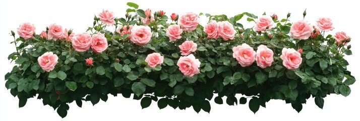 A row of pink flowers are in a garden