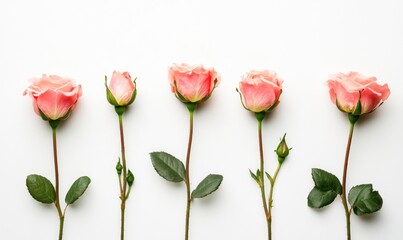 Obraz premium A row of five pink roses are arranged in a line on a white background