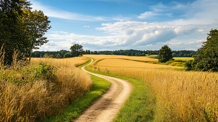 Obraz premium A picturesque view of a dirt path winding through golden fields, inviting viewers to explore the beauty of nature.