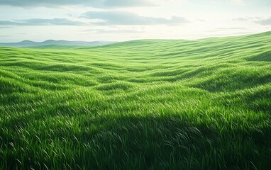 Fototapeta premium Vibrant green grass sways gently in the breeze, creating a serene and picturesque landscape under soft, cloudy skies.