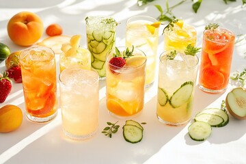 Fototapeta premium A variety of summer cocktails, presented on an elegant white table