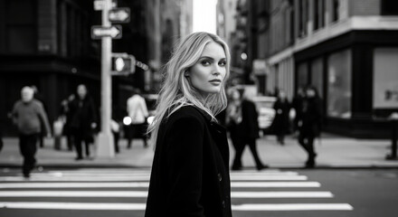 Obraz premium Woman looking back to camera while walking through busy city street. black and white street photography.