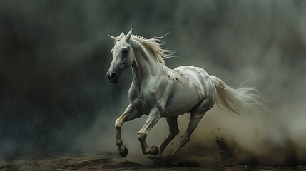 Obraz premium A white horse sprints ahead through dust against a dark backdrop