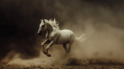 Fototapeta premium A white horse sprints ahead through dust against a dark backdrop