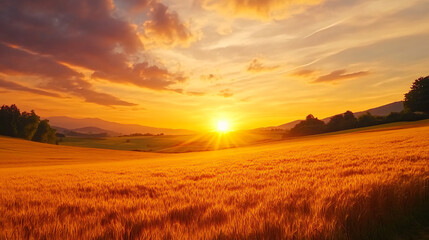 Fototapeta premium A picturesque sunset over vast golden fields, with wispy clouds reflecting hues of orange and pink.