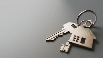 House key isolated on gray background - a symbol of home and security. This image shows a house key standing alone against a muted gray backdrop, evoking a sense of stability and access