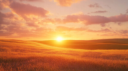 Fototapeta premium A picturesque sunset over vast golden fields, with wispy clouds reflecting hues of orange and pink.