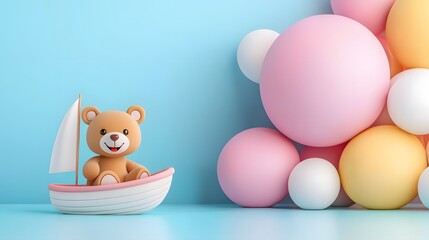 Cute Teddy Bear Sailing in a Boat with Balloons.