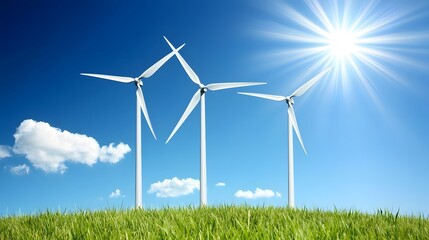 Wind Turbines in a Field with a Blue Sky.