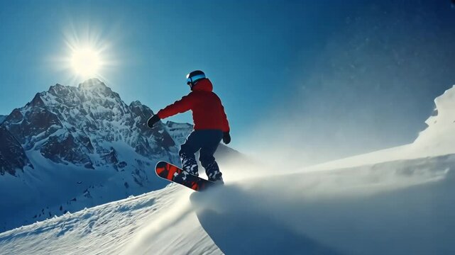A person snowboarding down a snowy mountain slope on a sunny day.