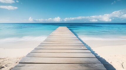 Fototapeta premium A serene wooden dock extending into a calm turquoise ocean under a clear blue sky, perfect for relaxation and peaceful moments.