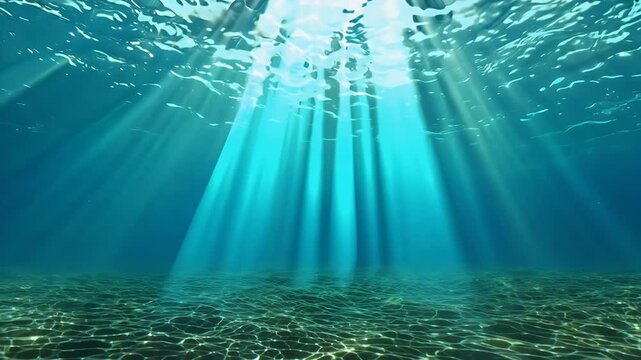 Witness radiant rays sunlight shining penetrate clear blue water creating caustic effect seabed while small bubbles float gracefully upwards seamless 3D animation captured 4K resolution underwater
