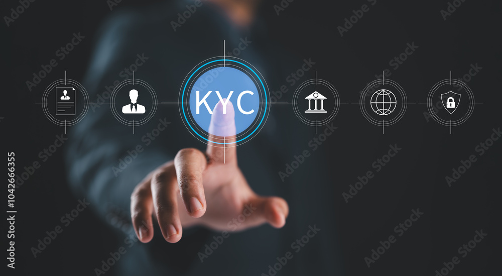 Poster KYC verification concept. Person interacting with Know Your Customer (KYC) compliance and security interface on digital screen. Identity verification, E KYC, digital identity, and security processes.