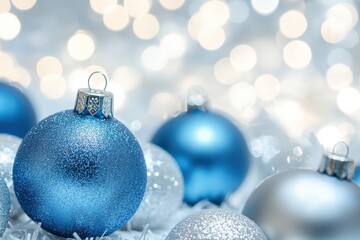 Fototapeta premium Shiny Snowflakes and Baubles on Christmas Blurred Background