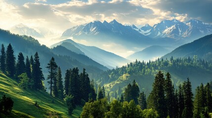 Serene mountain landscape with lush greenery and distant peaks.