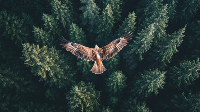Top-down view of a bird in flight, looking down at a sprawling forest, with its wings gracefully cutting through the air.