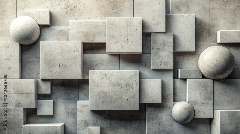 Poster A striking arrangement of three-dimensional geometric shapes including cubes and spheres is displayed on a textured concrete wall, showcasing a contemporary artistic approach.