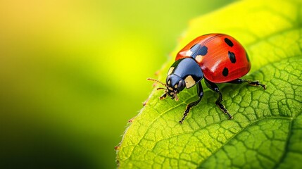 Fototapeta premium Macro shot of a single insect, featuring a ladybug on a vibrant green leaf with intricate detail, against a softly blurred natural background.