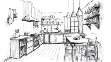 A hand-drawn sketch of a cozy kitchen with shelves, a dining table, and modern appliances.