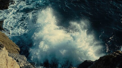 Powerful Ocean Wave Crashing Against Rocky Shore