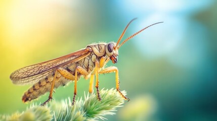 Fototapeta premium Macro shot of insects with a beautifully blurred nature background, focusing on the fine details of the insect's body, set against a soft natural scene.