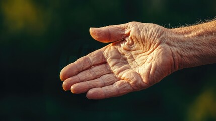 A close-up of an elderly person's hand, showcasing its detailed textures and skin, symbolizing age, wisdom, and the passage of time.
