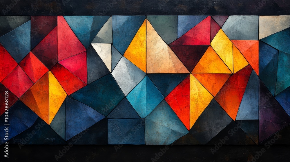Poster A vibrant display of geometric abstract art featuring various triangular and polygonal shapes in bold colors against a dark background, creating a striking visual impact.