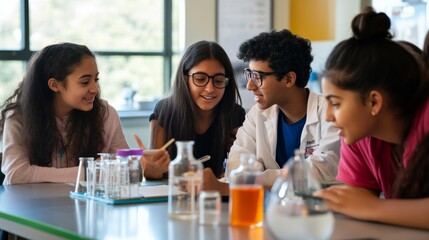 An educational workshop where students from different cultural backgrounds engage in hands-on science experiments, Illustrating educational diversity and collaborative learning, photography style