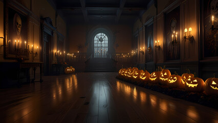 Fototapeta premium grand hall decorated for Halloween, featuring a large eerie painting as the focal point on the wall