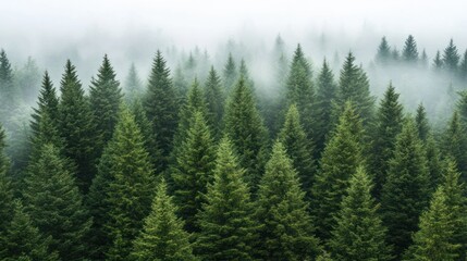 A misty forest scene filled with lush evergreen trees, creating a serene and tranquil atmosphere.