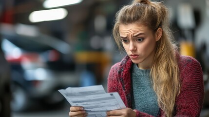 Young Woman Anxiously Reviewing Important Documents in a Busy Workshop Setting Reflecting Stress and Concern Over Her Situation