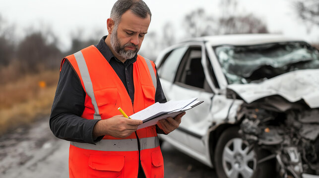 A man in a high-visibility vest assessing a car accident scene, taking notes while standing beside a damaged vehicle on a rainy day.