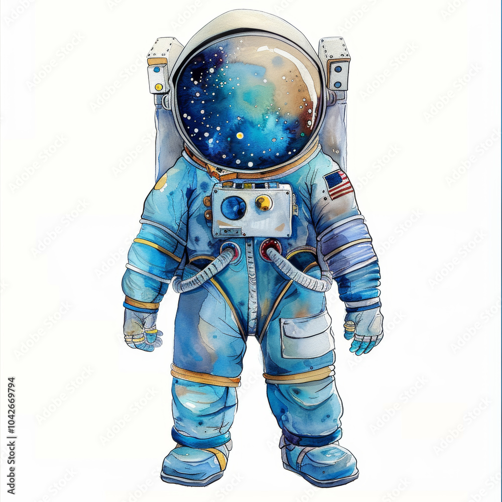 Wall mural astronaut in a vibrant spacesuit explores the cosmos with a detailed helmet in a colorful design