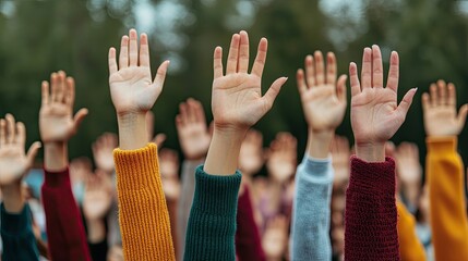 A group of diverse hands raised high, symbolizing unity, participation, and enthusiasm in a communal activity or movement.
