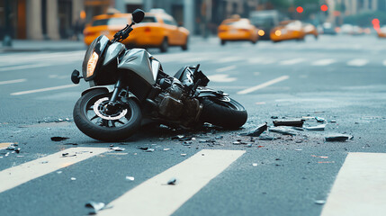 A motorcycle lies on the street, involved in an accident, surrounded by debris in an urban setting...