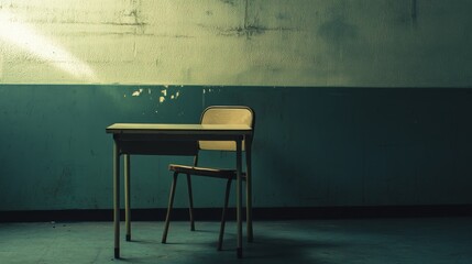 An empty classroom with a single desk and chair, Depicting the impact of educational inequality and access to education, minimalistic style