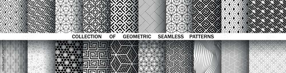 Poster Geometric set of seamless black and white patterns. Simple vector graphics.